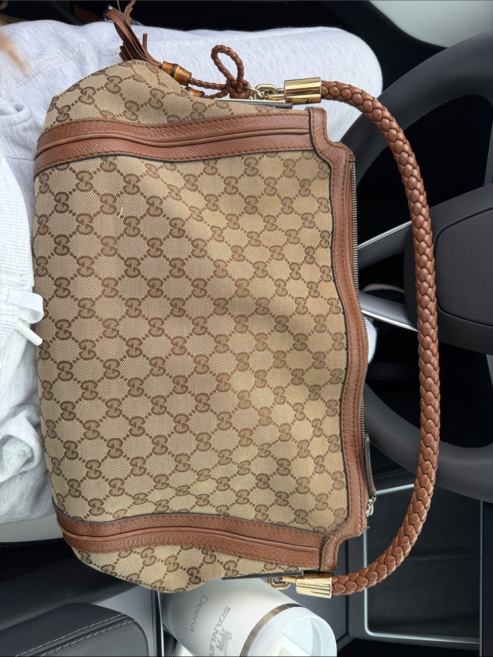 Gucci Beige/Brown GG Canvas Shoulder Bag with Braided Handle